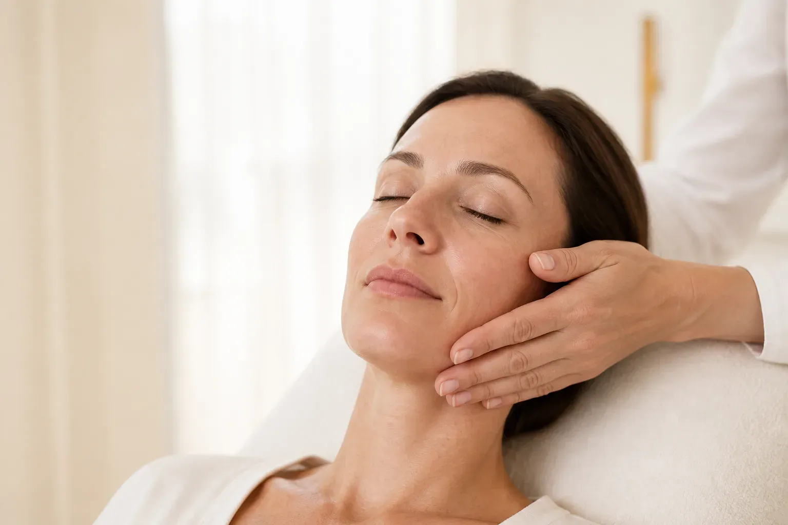 Ruhige Gesichtsbehandlung in der Ordination, die Hand der Behandlerin an der Wange einer Patientin